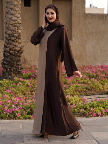 Abaya With Show Button On Front In Brown And Beige