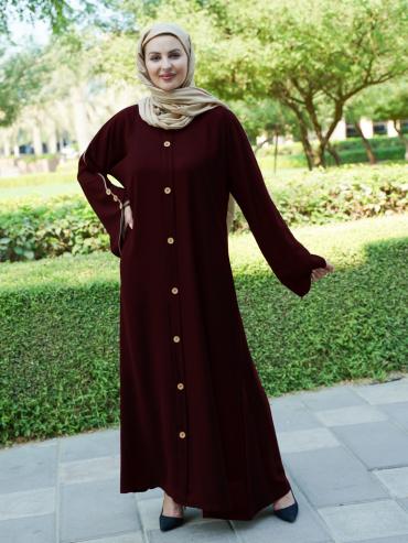 CEY Free Size Abaya With Beige Piping And Show Button On Front And Sleeves In Maroon