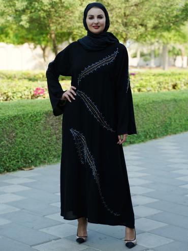 Masha Crepe Free Size Abaya With Crystal Hand Work On Front In Black
