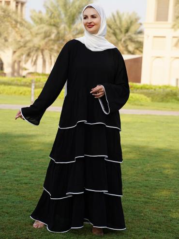 Masha Crepe Free Size Abaya With Frill Work And White Piping Work In Black