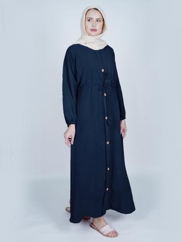 Modest Dress With Tie Up Knot And Show Buttons On Front In Navy Blue