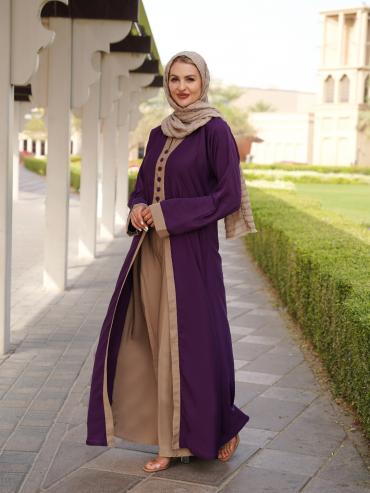 Shrug Abaya With Show Buttons On Front In Beige And Purple