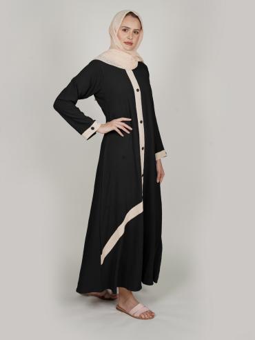 Simple Abaya With Show Button And Cream Band On Front In Black